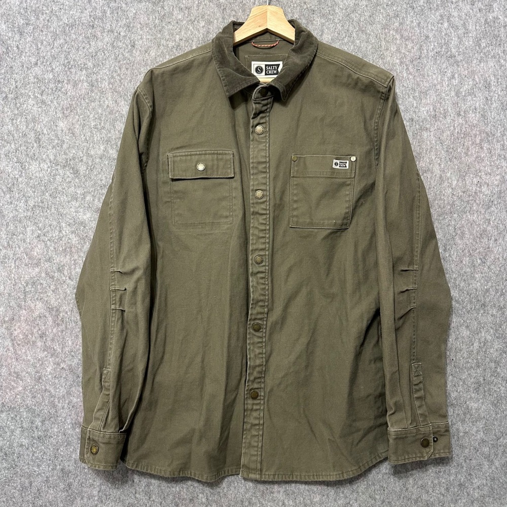 Salty Crew Shirt Jacket Mens Large Green Corduroy Collar Button Up Long Sleeve L